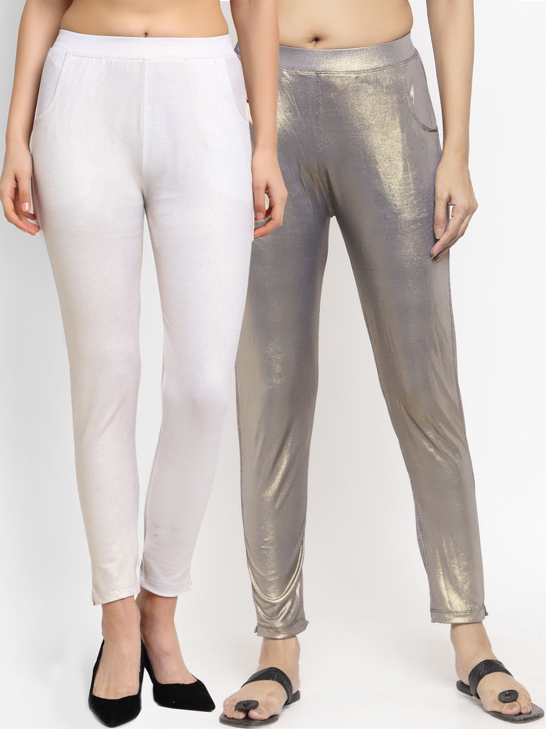 

NEUDIS Women Pack of 2 Brown & Off-White Cotton Ankle Length Leggings