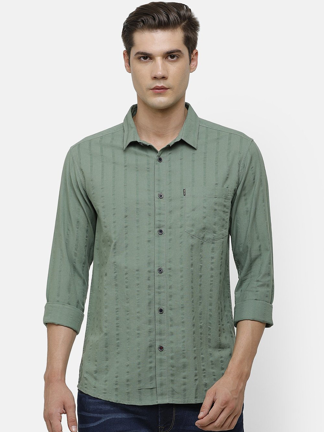 

Voi Jeans Men Green Slim Fit Self Design Casual Shirt