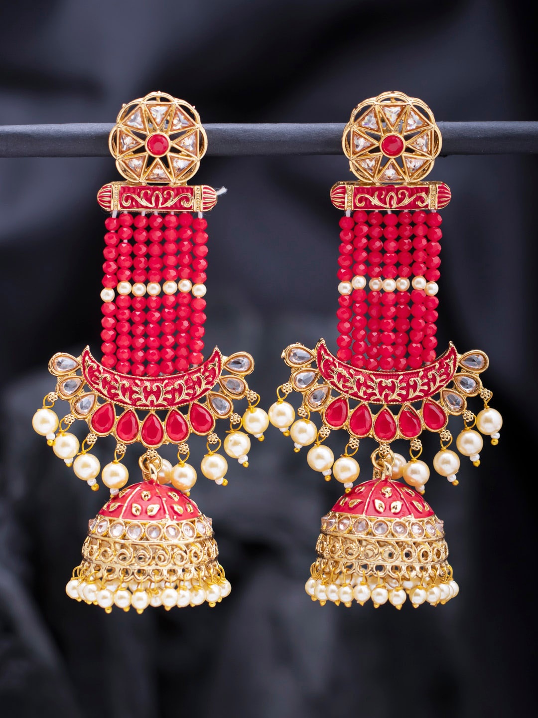 Sukkhi Gold-Toned & Pink Contemporary Jhumkas