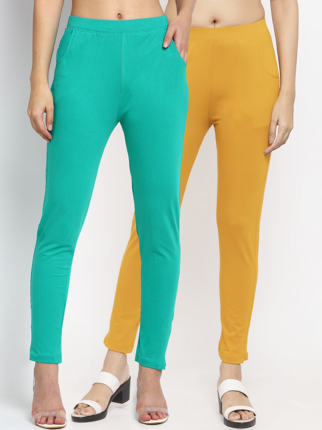 

NEUDIS Women Pack Of 2 Solid Ankle-Length Leggings, Green