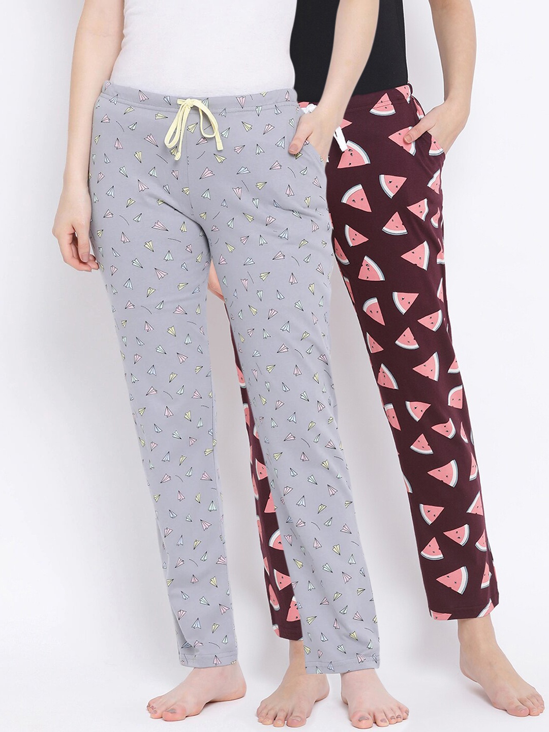 

Kanvin Women Pack of 2 Printed Pure Cotton Lounge Pants, Burgundy