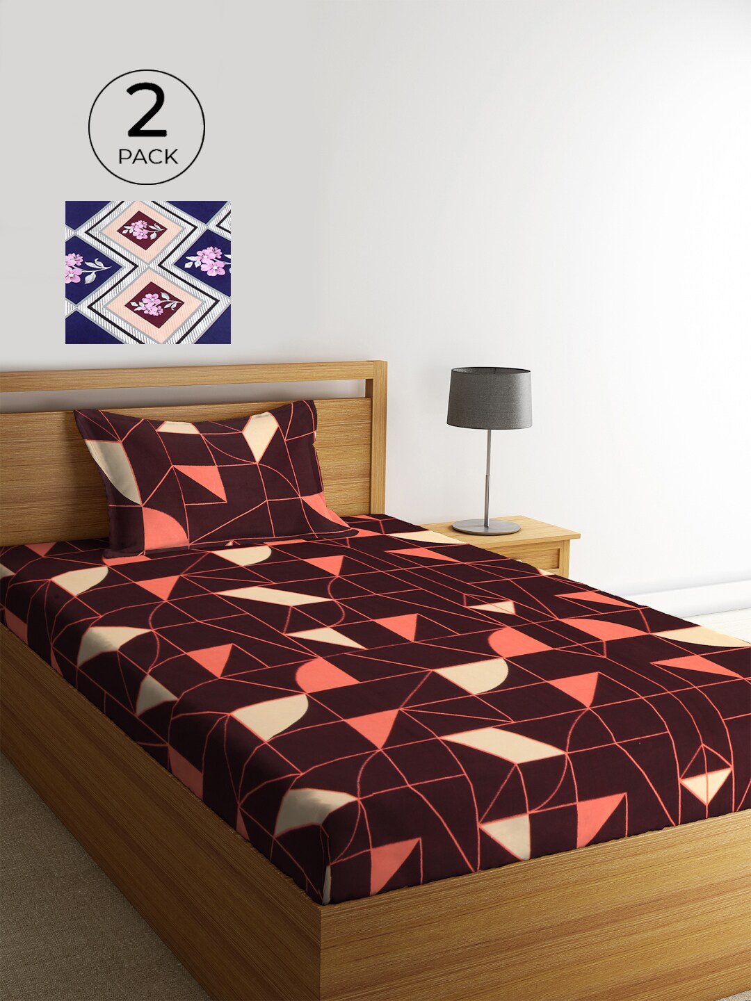 

KLOTTHE Multi Geometric 210 TC Cotton 2 Single Bedsheet with 2 Pillow Covers, Blue