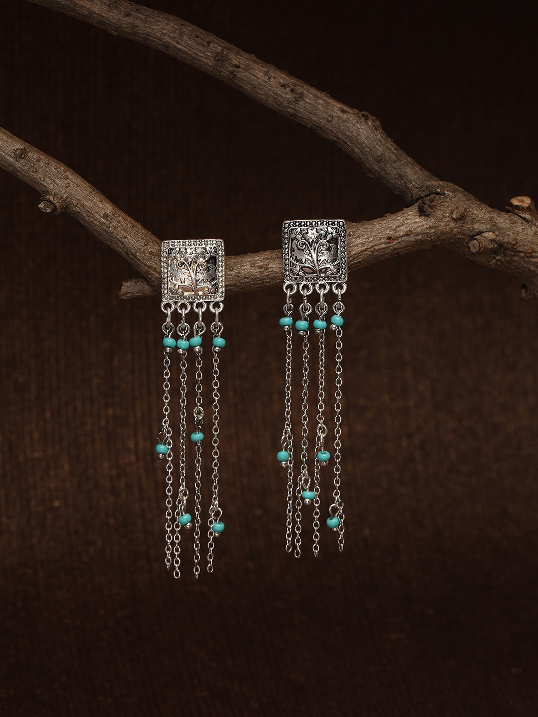 

Accessorize London Silver-Plated & Turquoise Blue Oxidised Ethnic Square Drop Earrings