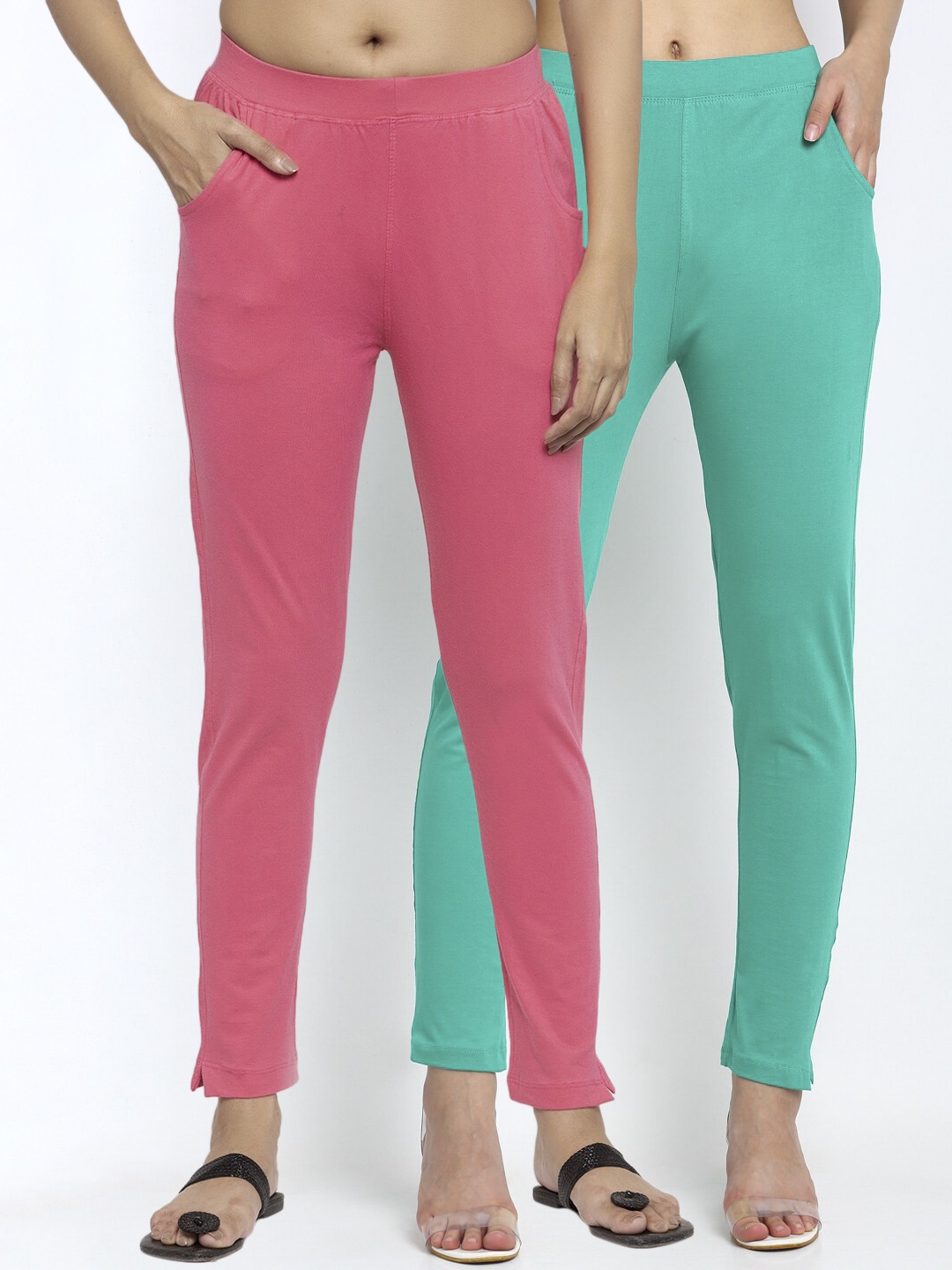 NEUDIS Women Pack of 2 Teal Blue & Pink Lycra Cotton Ankle Length Leggings
