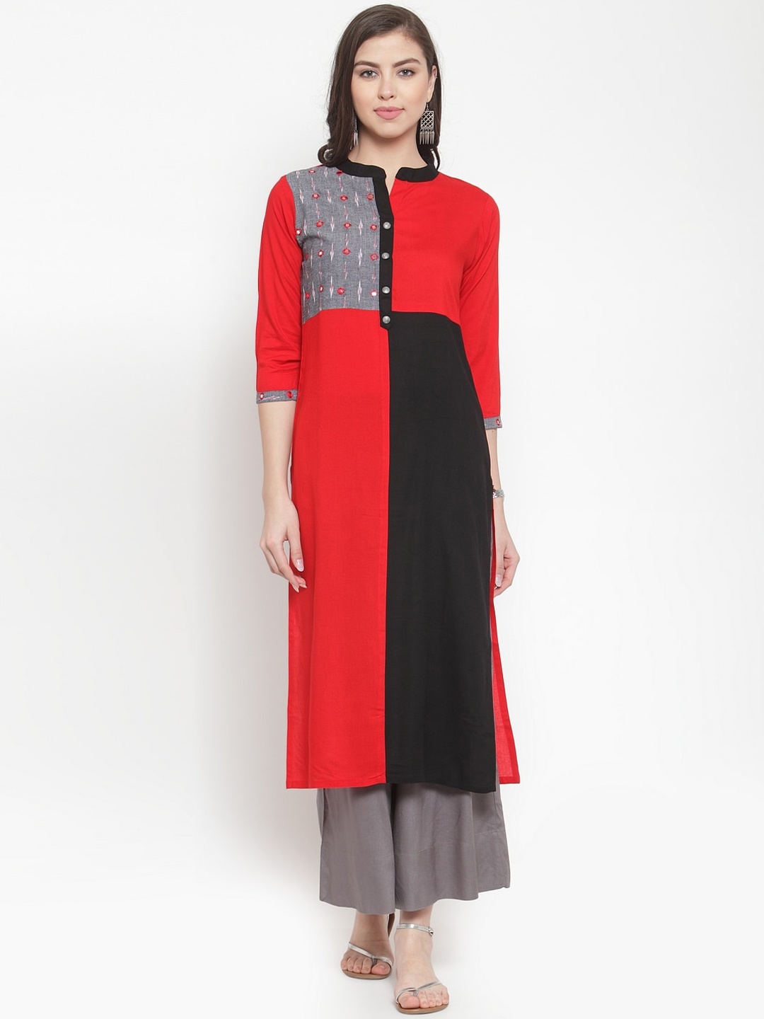 

KSUT Women Red & Black Colourblocked Rayon Kurta