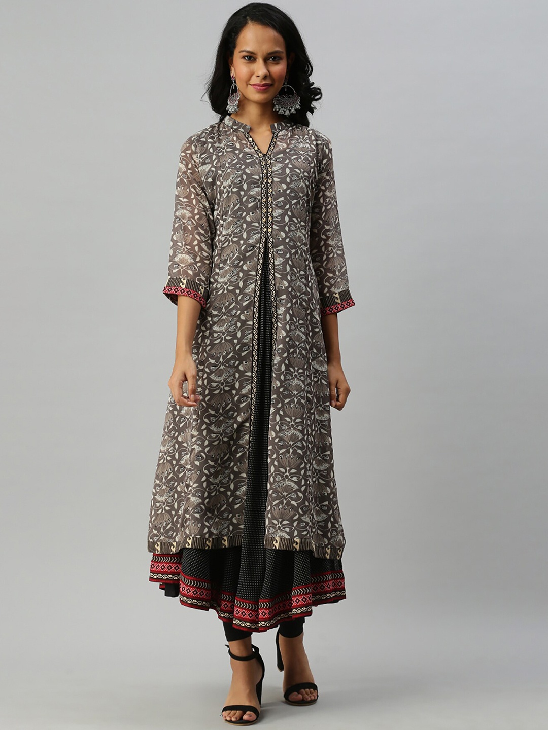 

Soch Women Grey & Red Floral Printed Floral Georgette Anarkali Kurta