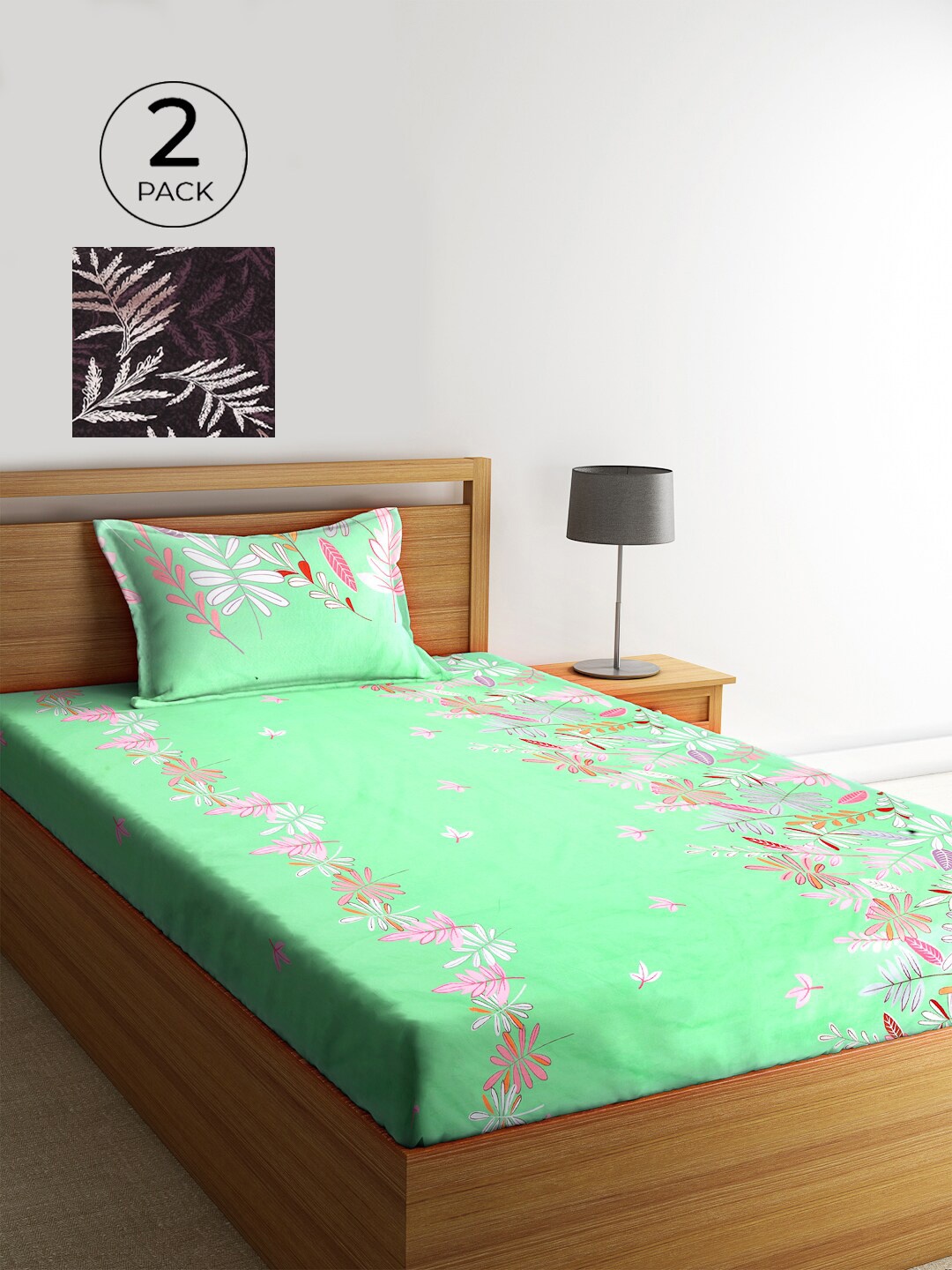 

KLOTTHE Green & Black Floral 210 TC Polycotton 2 Single Bedsheet with 2 Pillow Covers
