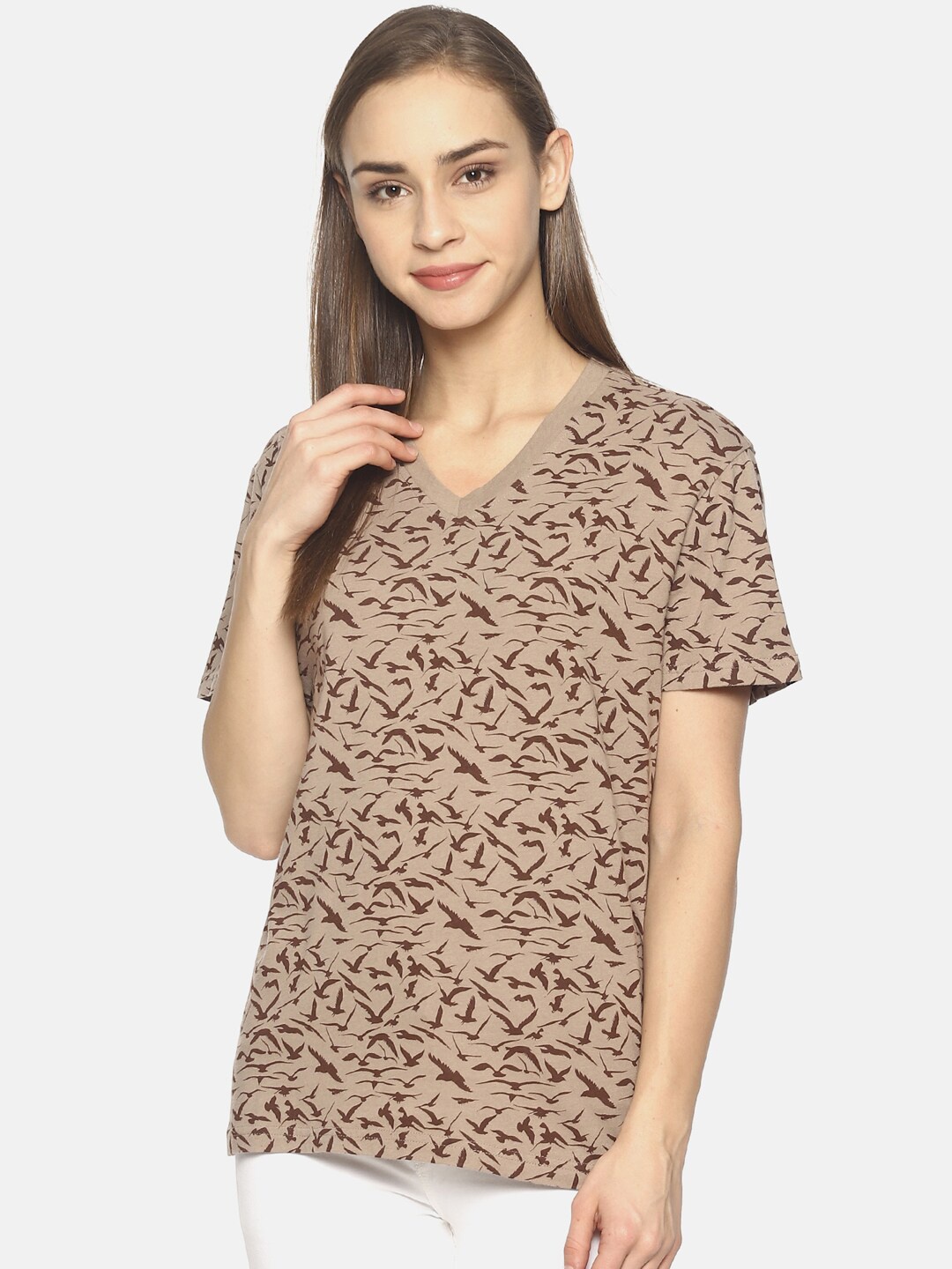 

Wolfpack Women Beige & Maroon Printed V-Neck T-shirt