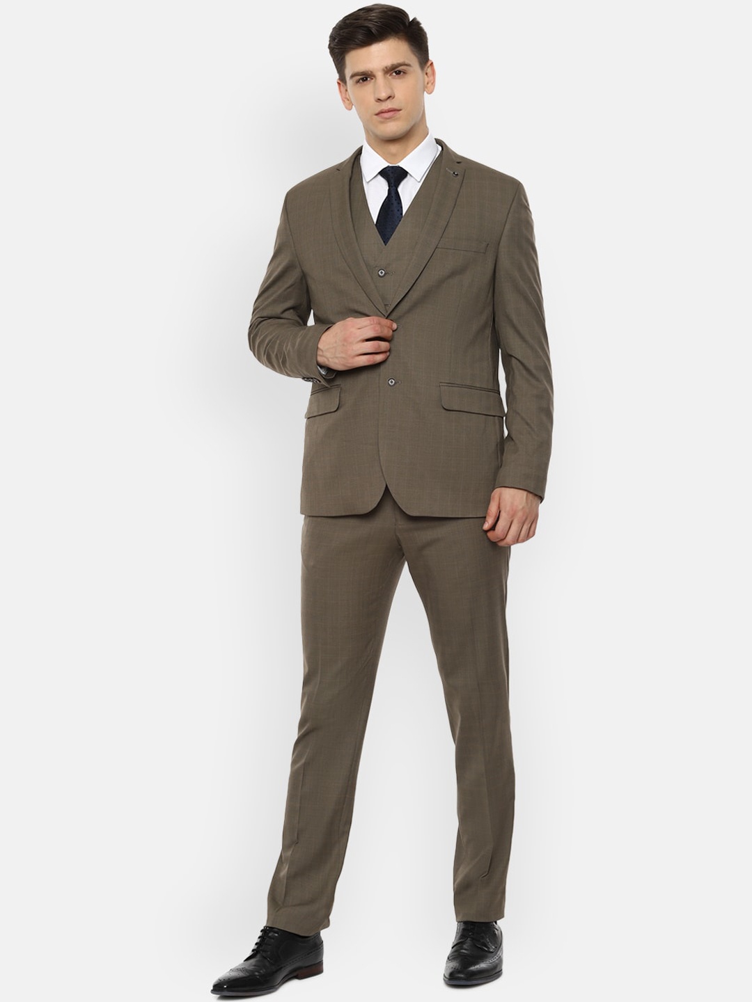 

Van Heusen Men Taupe Checked Slim-Fit Single-Breasted Three-Piece Formal Suit