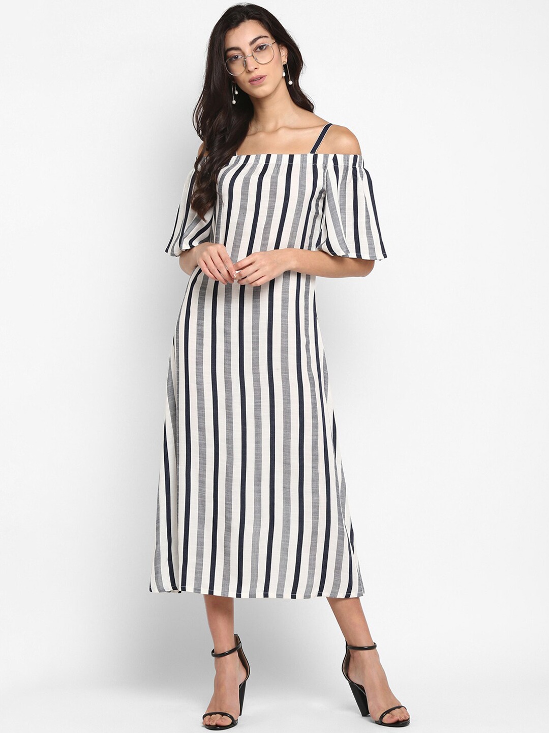 

DEEBACO Navy Blue & Grey Striped A-Line Midi Dress