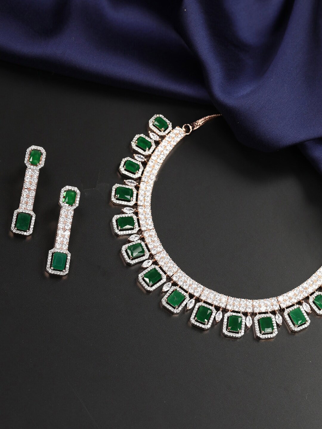 Priyaasi Green Rose-Gold-Plated AD Studded Handcrafted Jewellery Set
