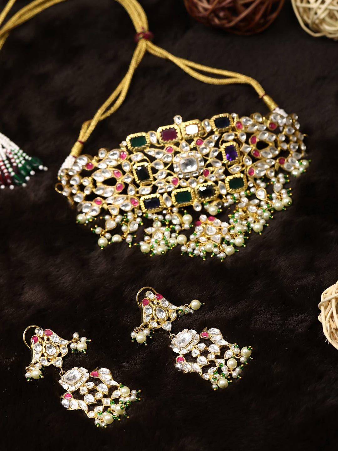 

Priyaasi Pink & Green Gold-Plated Kundan-Studded & Beaded Handcrafted Jewellery Set