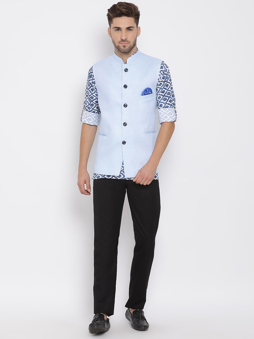 

Hangup Men Blue & Black Printed Shirt & Trousers with Jacket