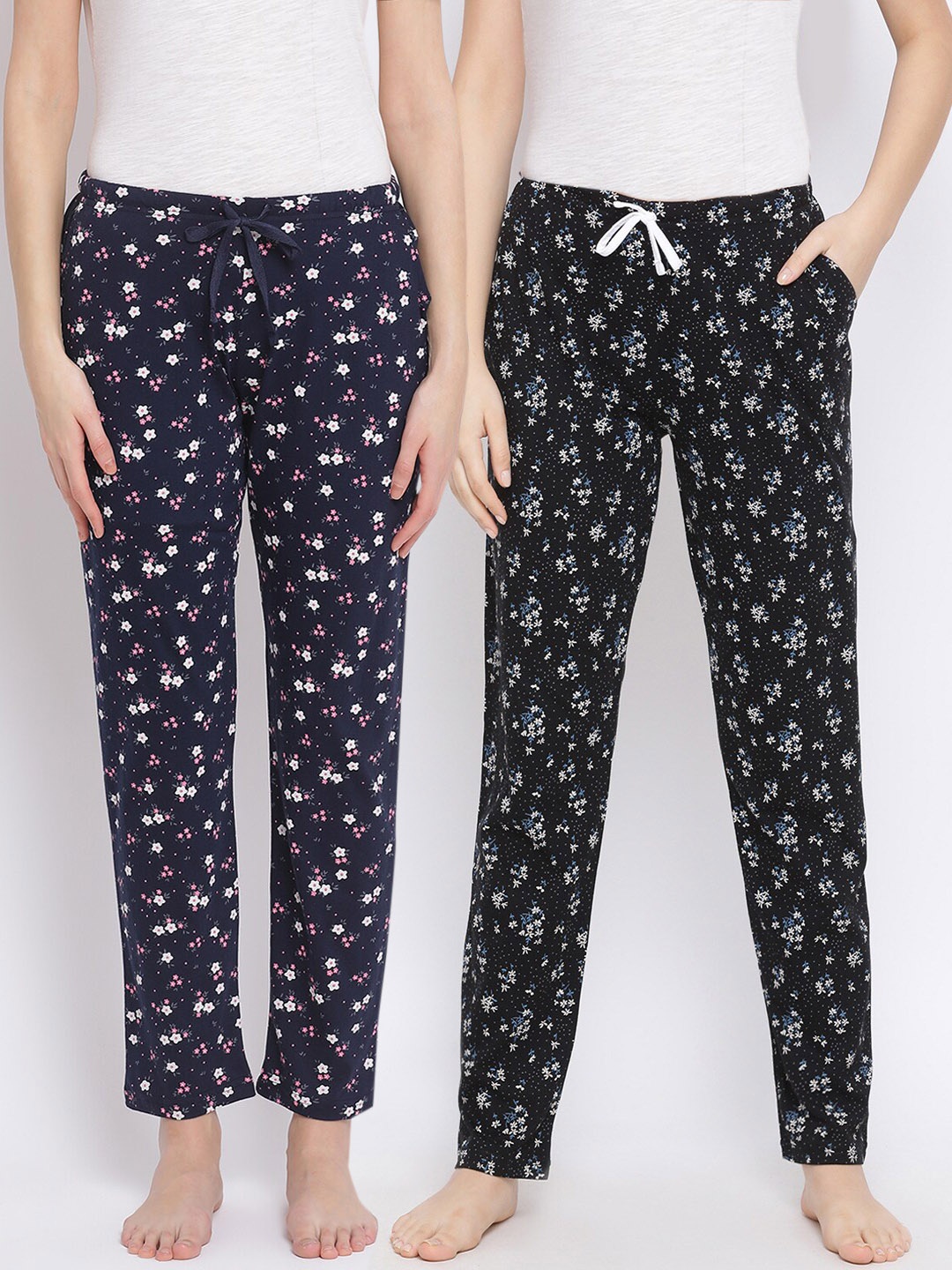 

Kanvin Women Pack of 2 Floral Print Pure Cotton Lounge Pants, Navy blue