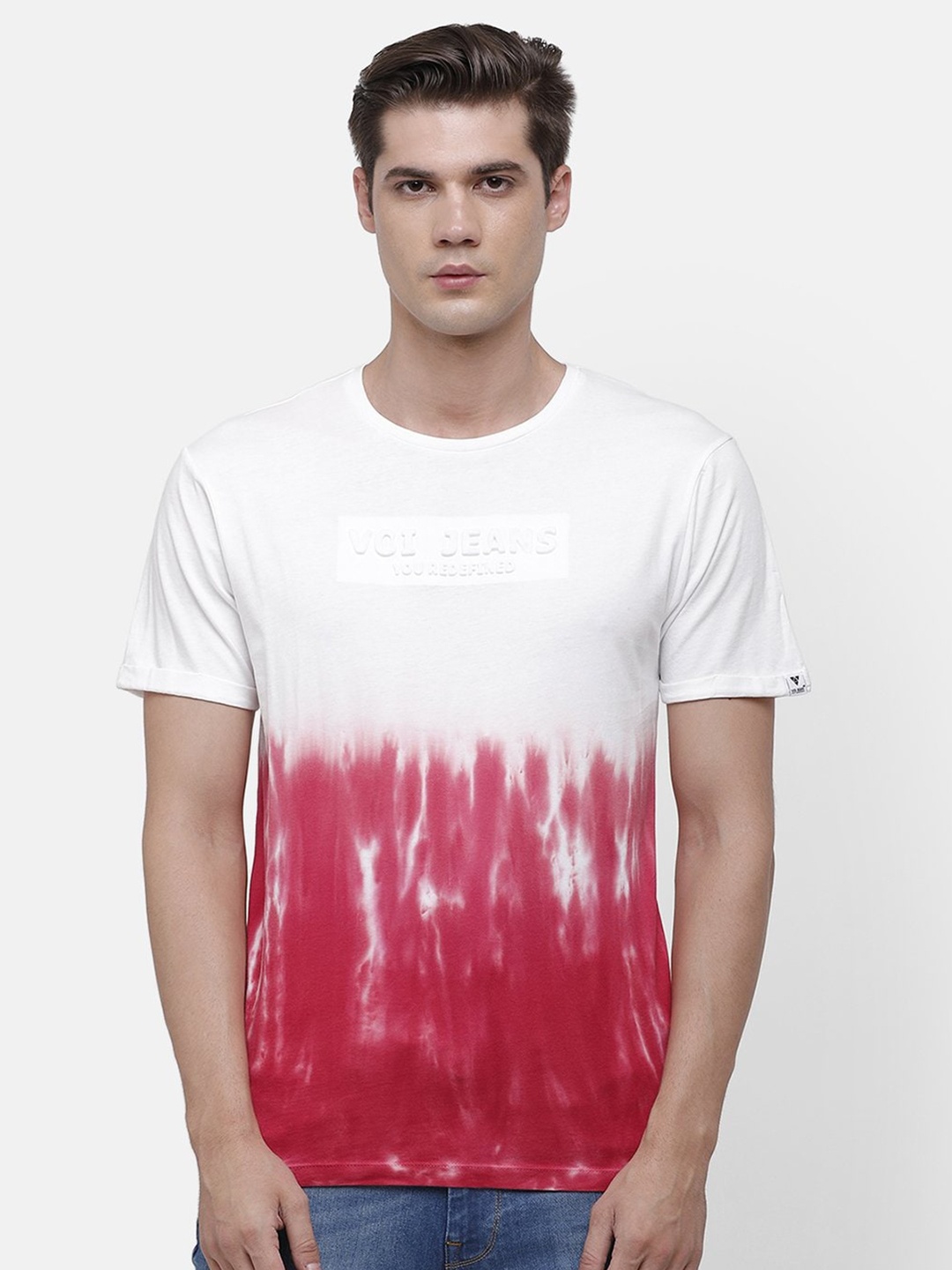 

Voi Jeans Men White Red Dyed Round Neck Pure Cotton T-shirt