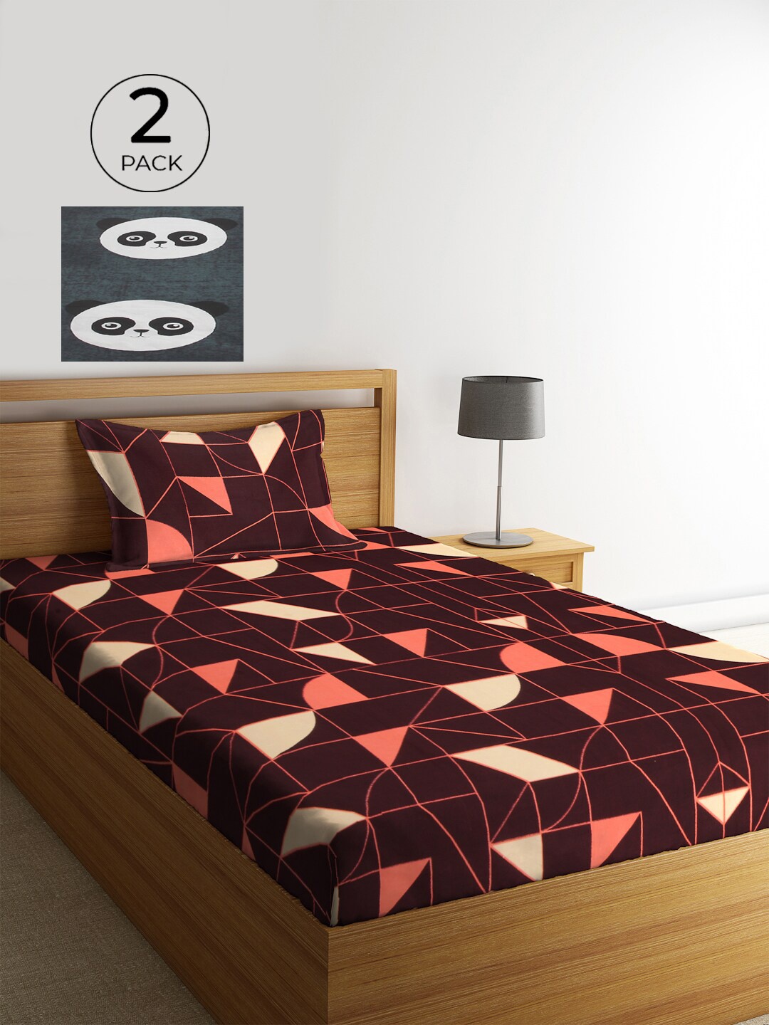 

KLOTTHE Grey & Maroon Geometric 210 TC Polycotton 2 Single Bedsheet with 2 Pillow Covers