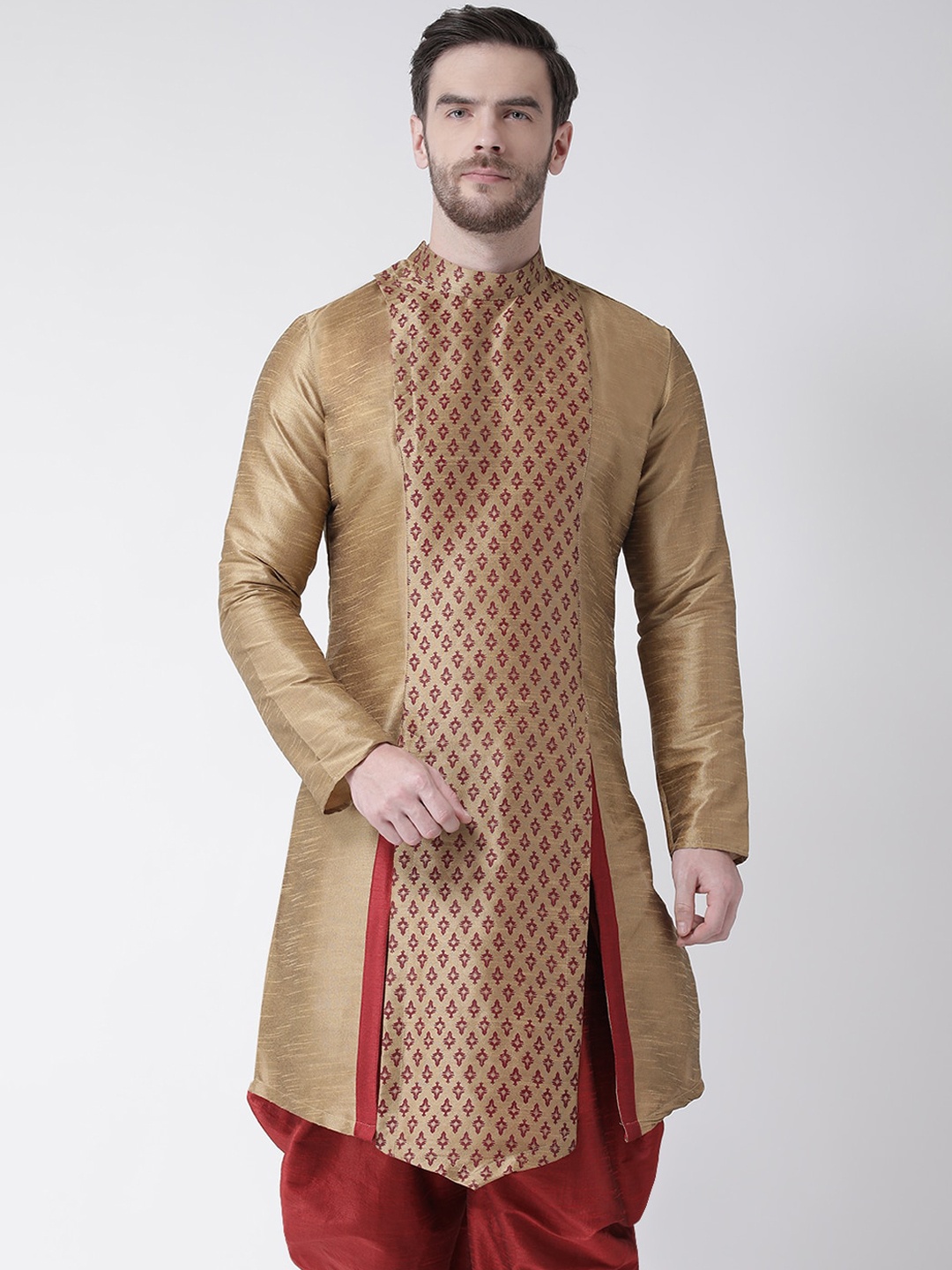

DEYANN Men Brown & Maroon Ethnic Motifs Printed Thread Work Kurta