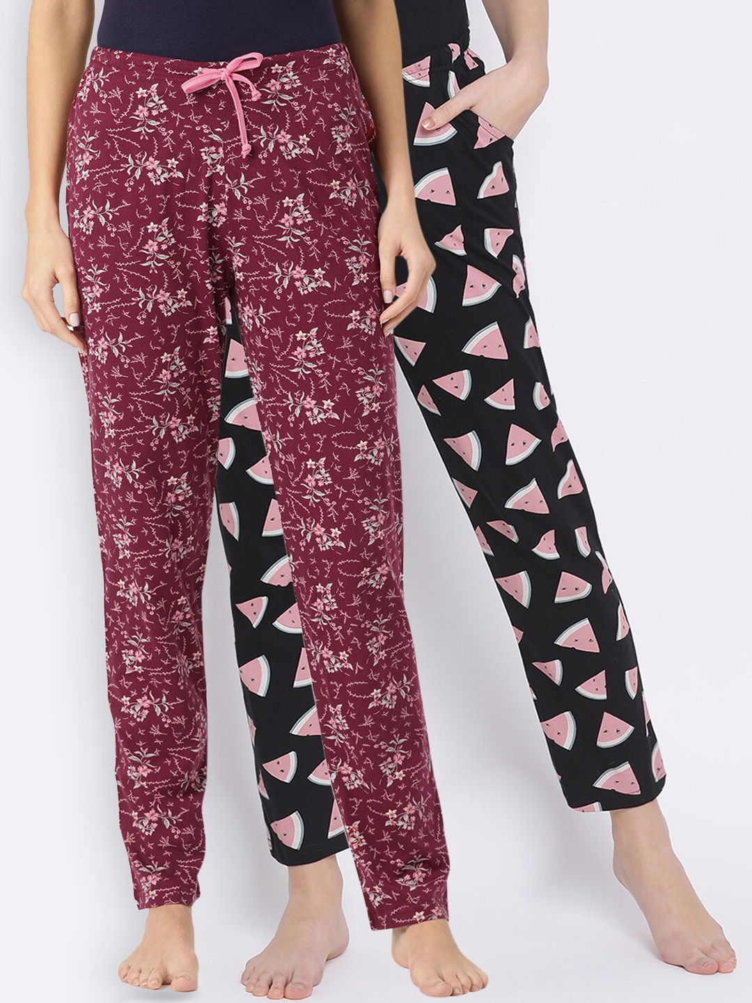 

Kanvin Women Pack of 2 Printed Pure Cotton Lounge Pants, Black