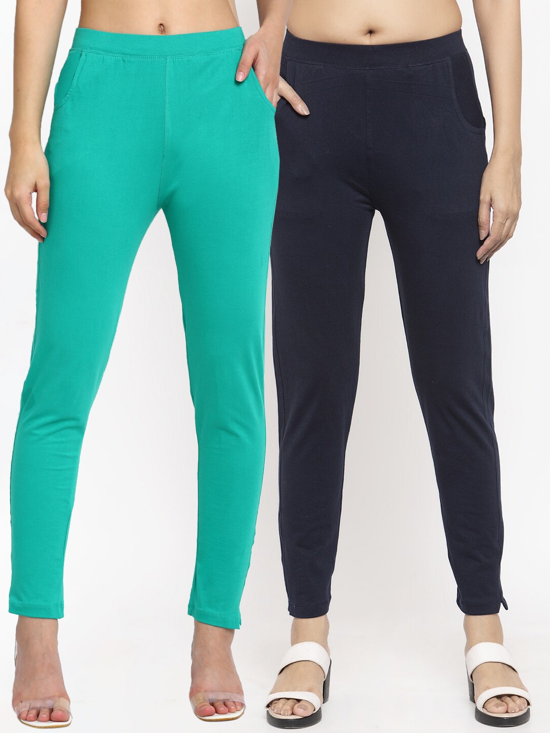 

NEUDIS Women Pack of 2 Teal Blue & Navy Blue Cotton Ankle Length Leggings