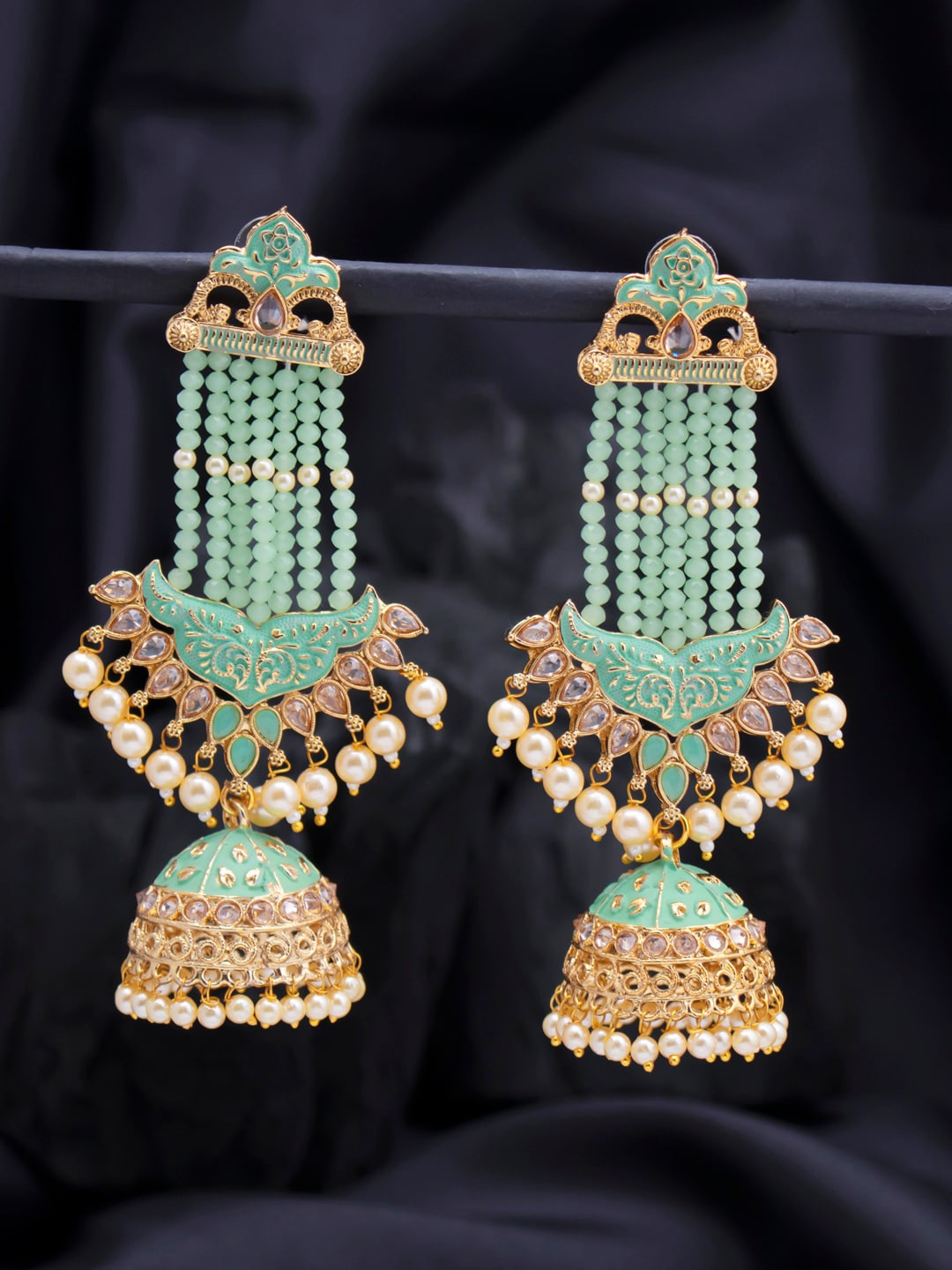 

Sukkhi Gold-Toned & Sea Green Contemporary Jhumkas