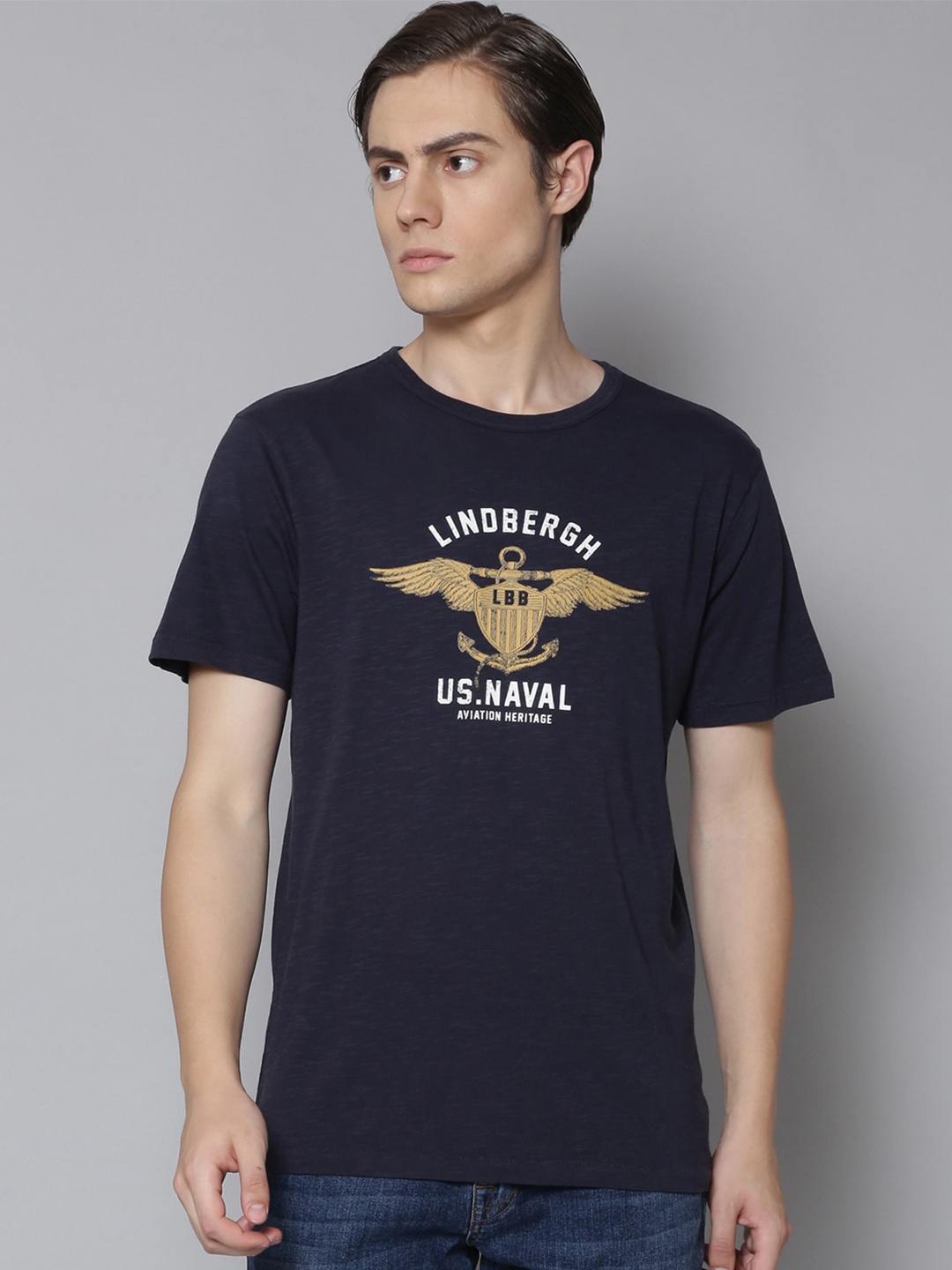 

LINDBERGH Men Navy Blue Printed Round Neck Pure Cotton T-shirt