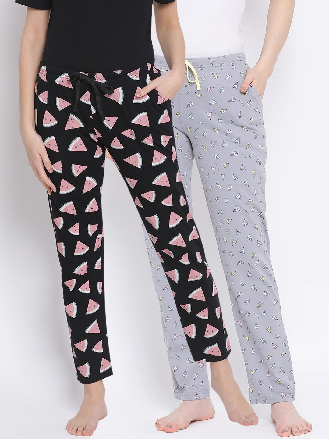 

Kanvin Women Pack of 2 Printed Pure Cotton Lounge Pants, Black