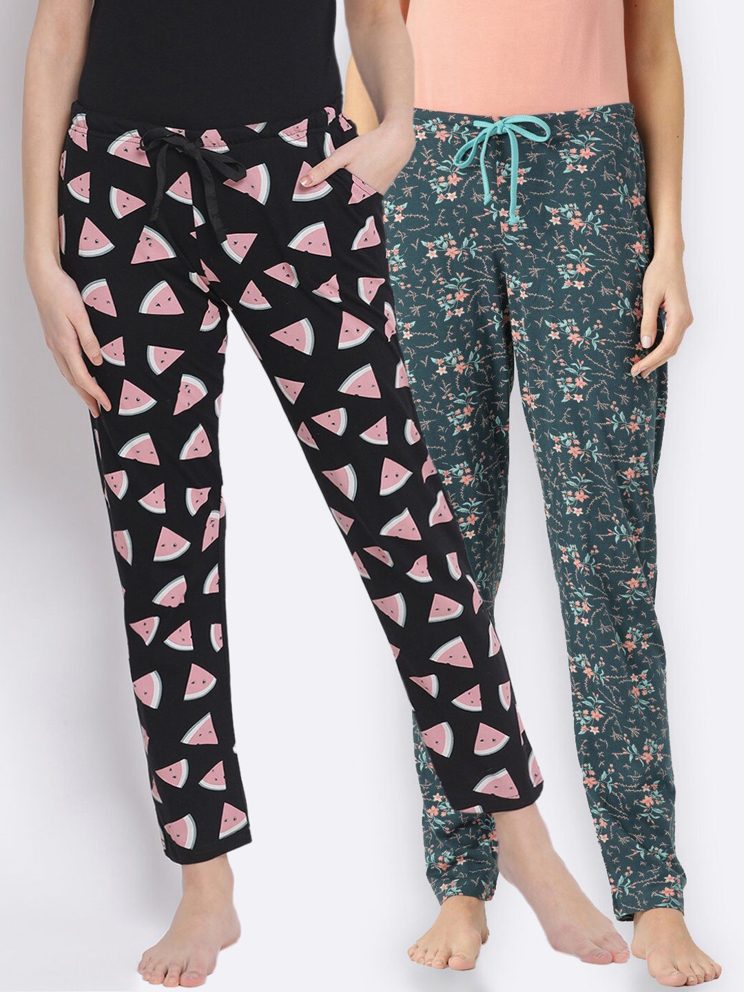 

Kanvin Women Pack of 2 Printed Pure Cotton Lounge Pants, Black