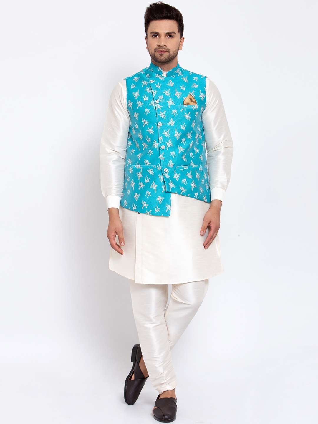 

KLOTTHE Men White & Blue Regular Straight Kurta & Churidar With Nehru Jacket