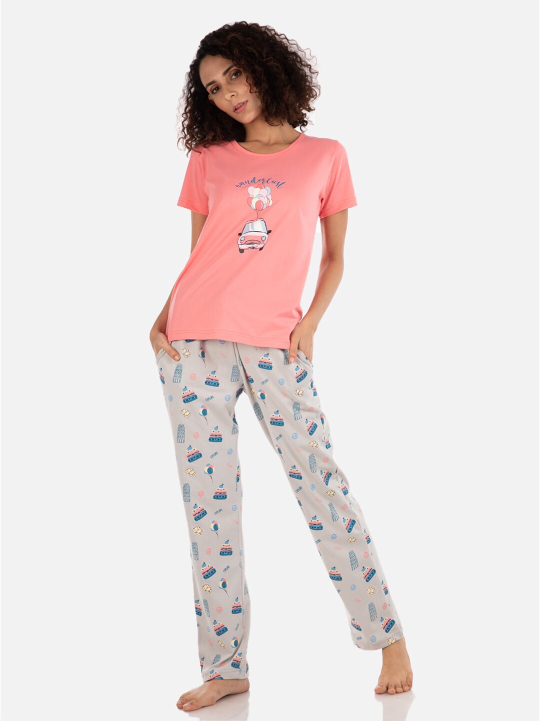 

Nite Flite Women Peach-Coloured & Grey Printed Cotton Night suit