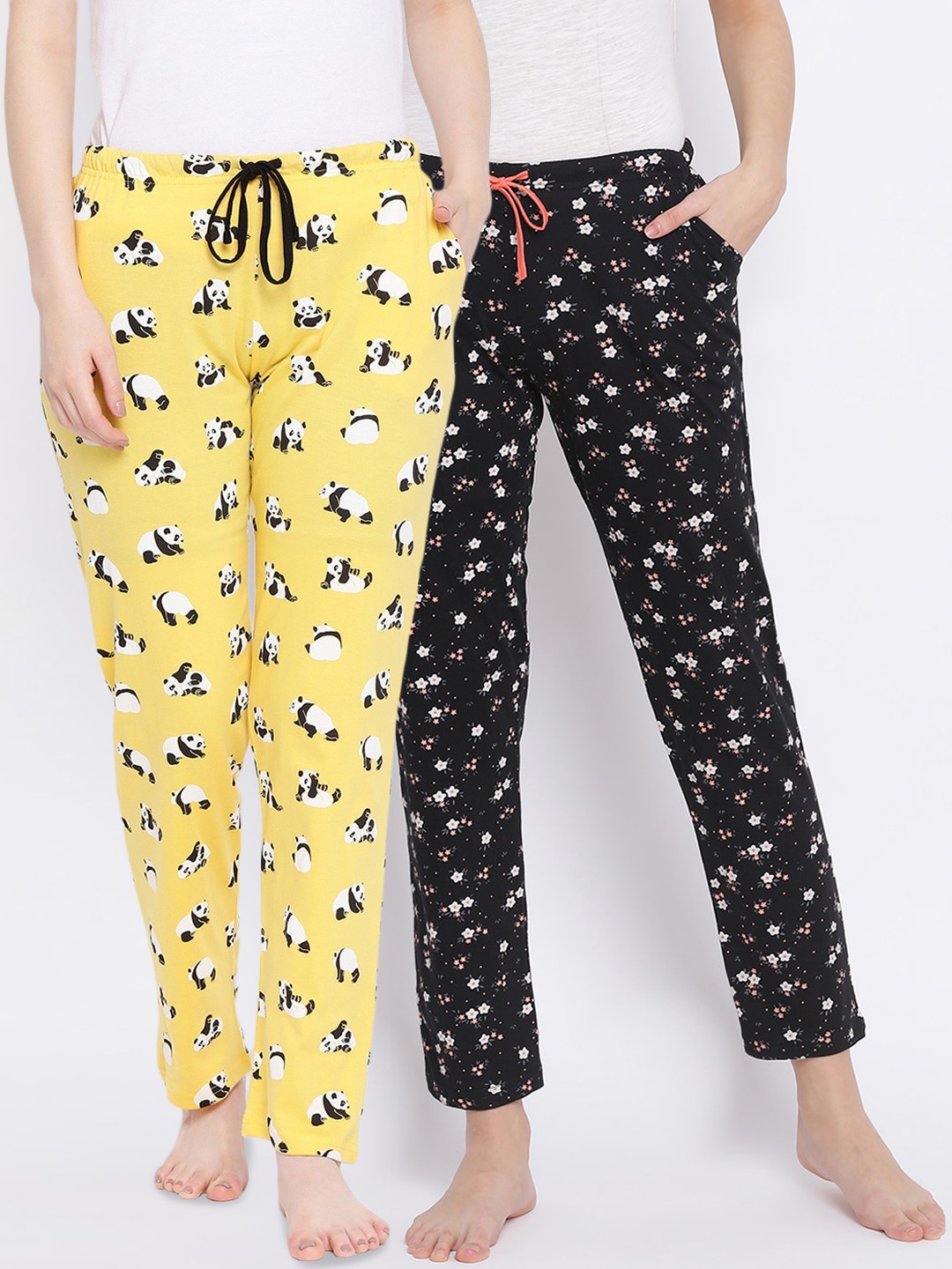 

Kanvin Women Pack of 2 Printed Pure Cotton Lounge Pants, Black