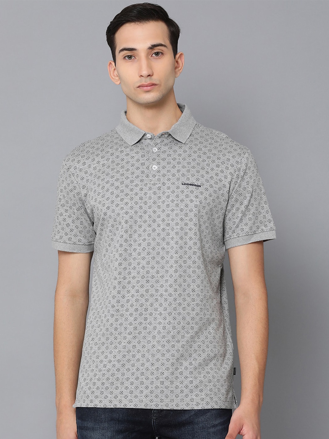 

LINDBERGH Men Grey Black Printed Polo Collar Pure Cotton T-shirt