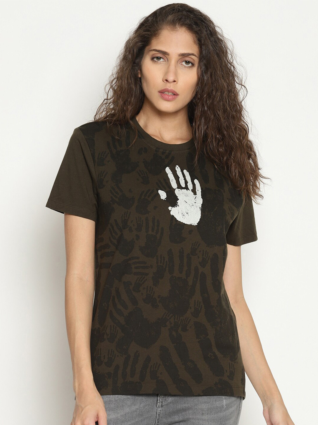 

Wolfpack Women Olive Green & Black Printed Round Neck T-shirt