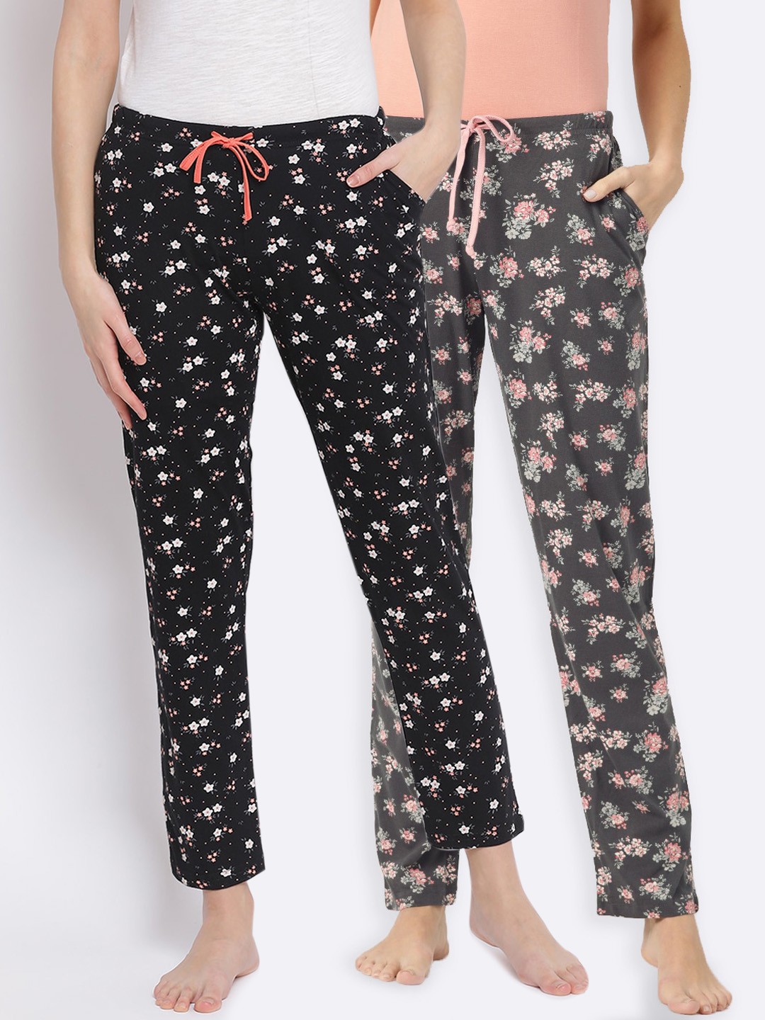 

Kanvin Women Pack of 2 Floral Print Pure Cotton Lounge Pants, Black