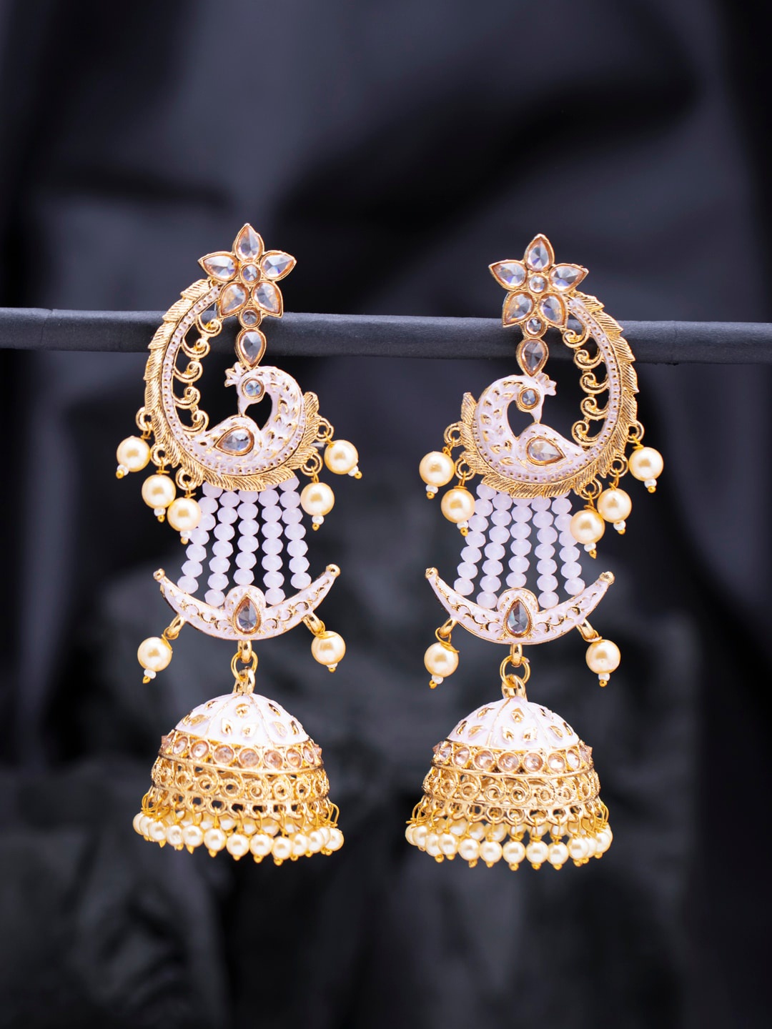 Sukkhi Gold-Toned & White Peacock Shaped Jhumkas
