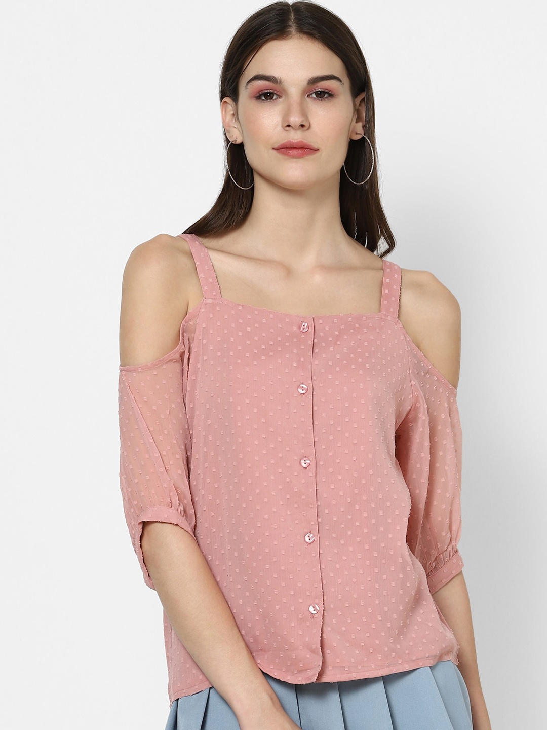 

FOREVER 21 Pink Self Design Cold Shoulder Bardot Top