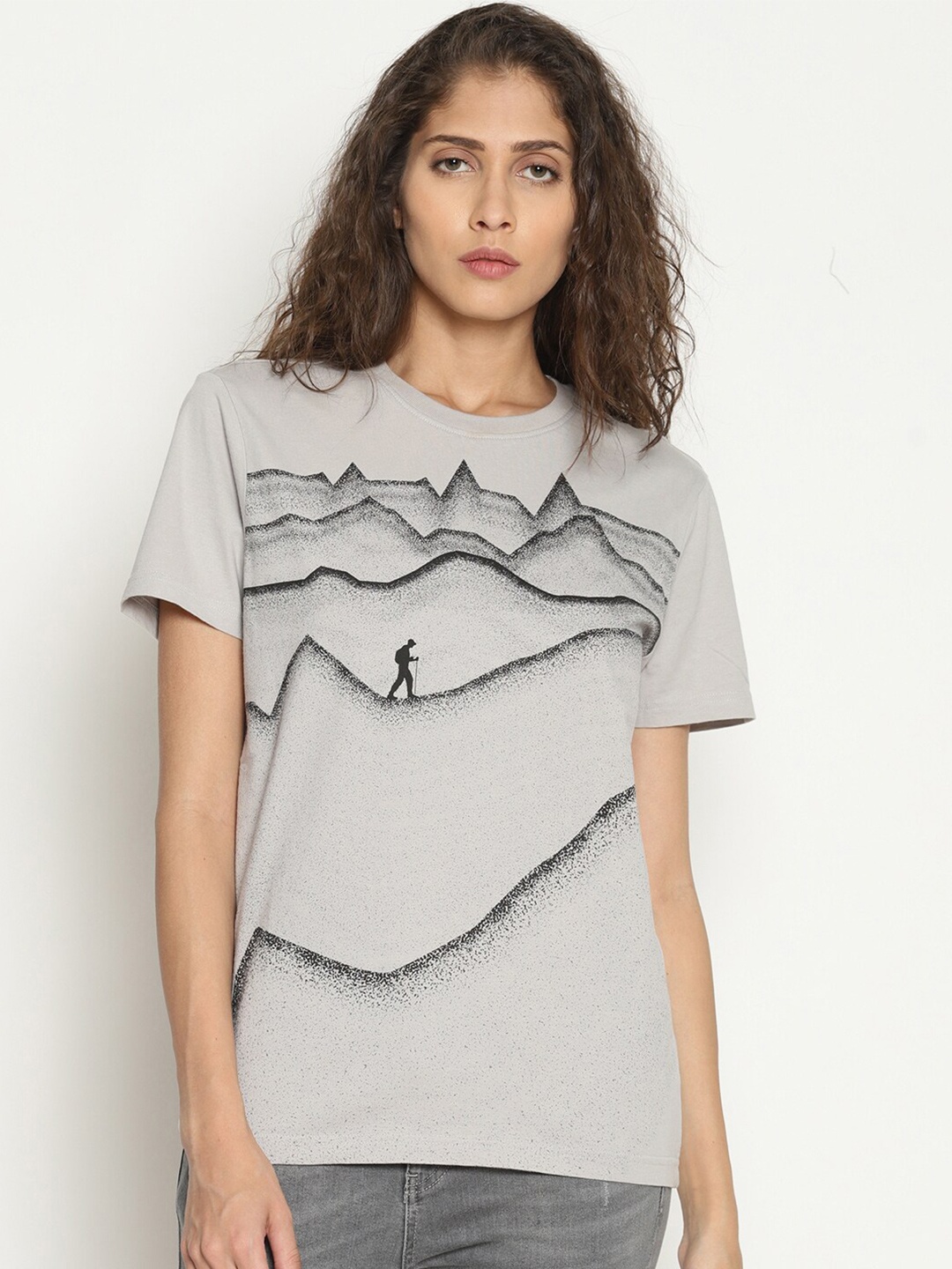 Wolfpack Women Grey Printed Round Neck Cotton Pure Cotton T-shirt