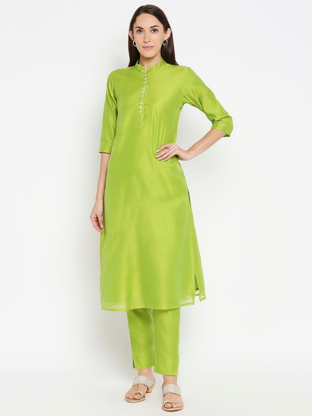 

Desi Weavess Women Lime Green Regular Straight Kurta with Trousers