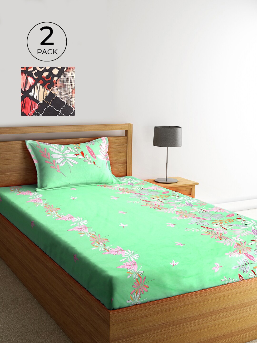 

KLOTTHE Black & Green Floral 210 TC Polycotton 2 Single Bedsheet with 2 Pillow Covers