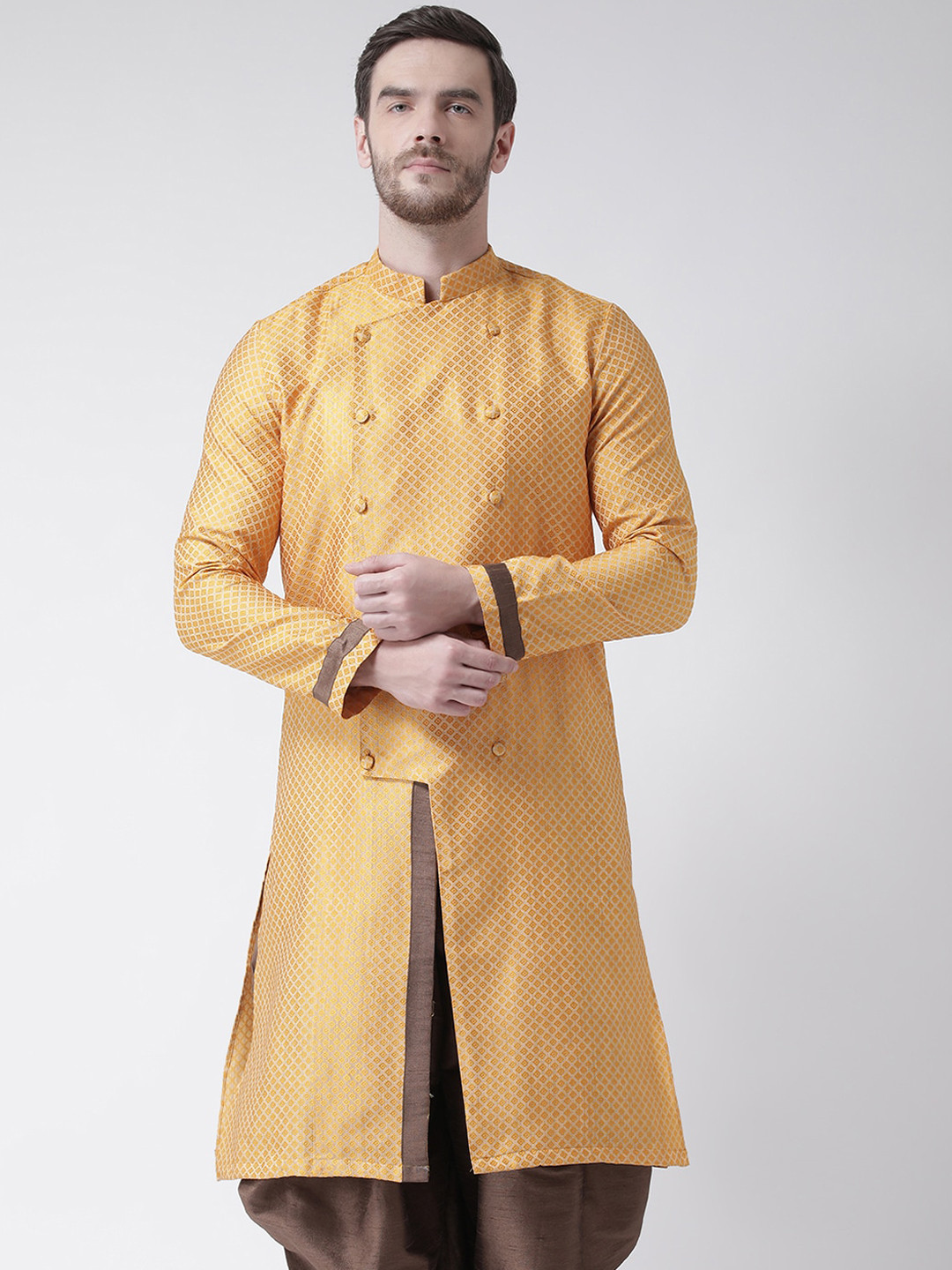 

DEYANN Men Yellow Geometric Jacquard Kurta
