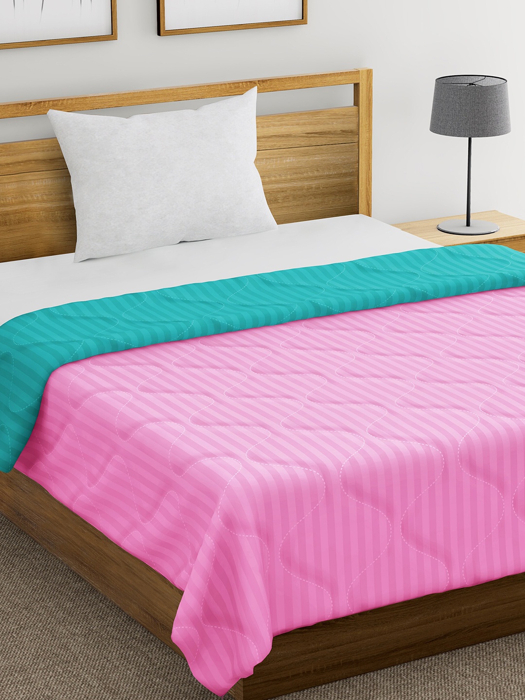 

Divine Casa Pink & Sea Green Striped Heavy Winter 150 GSM Single Bed Comforter