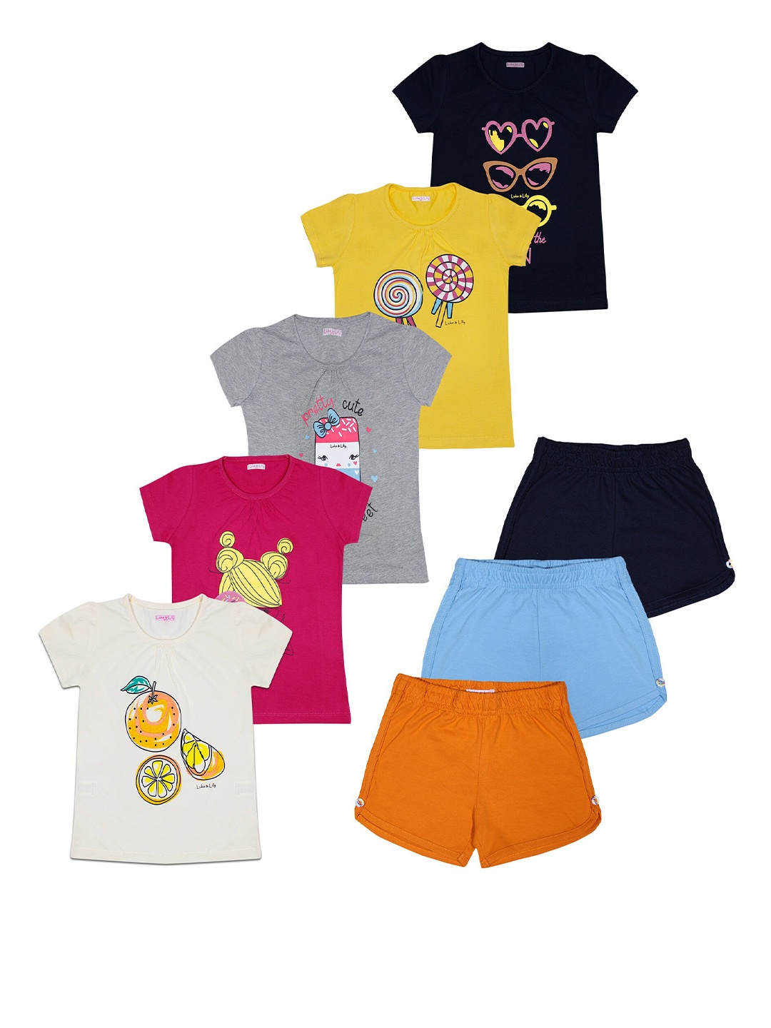 

Luke & Lilly Girls Set Of 8 Multicoloured Printed T-shirts with Shorts, Multi