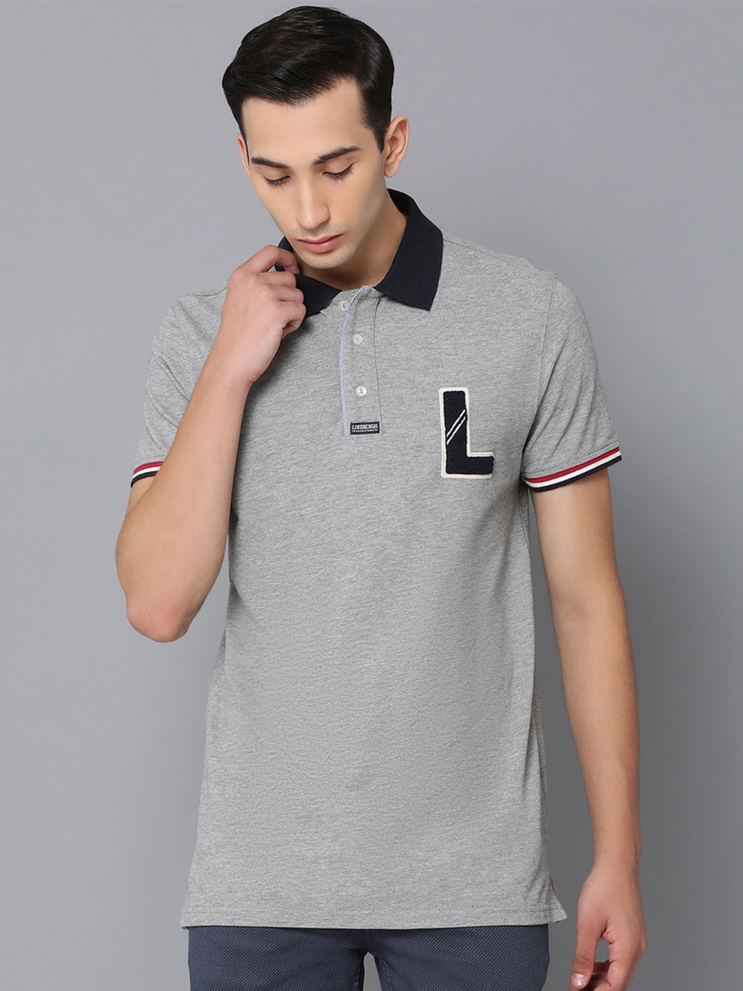 

LINDBERGH Men Grey Melange Solid Polo Collar Pure Cotton T-shirt