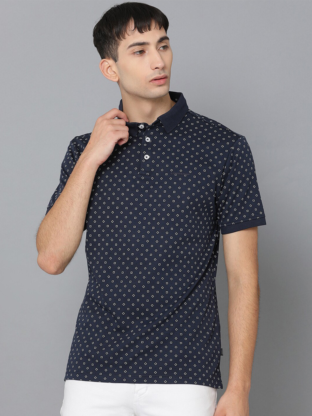 

LINDBERGH Men Navy Blue White Printed Polo Collar Pure Cotton T-shirt