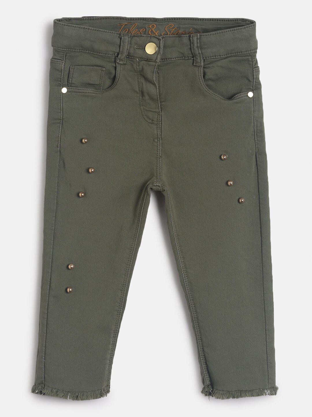 TALES & STORIES Girls Green & Gold-Toned Slim Fit Capris with Embellishment