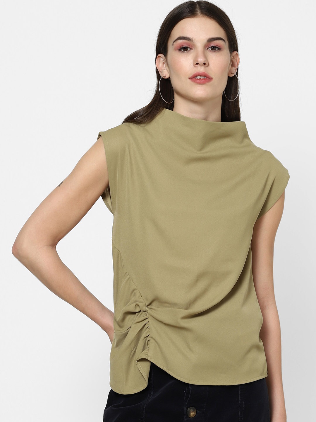 

FOREVER 21 Olive Green Cowl Neck Regular Top