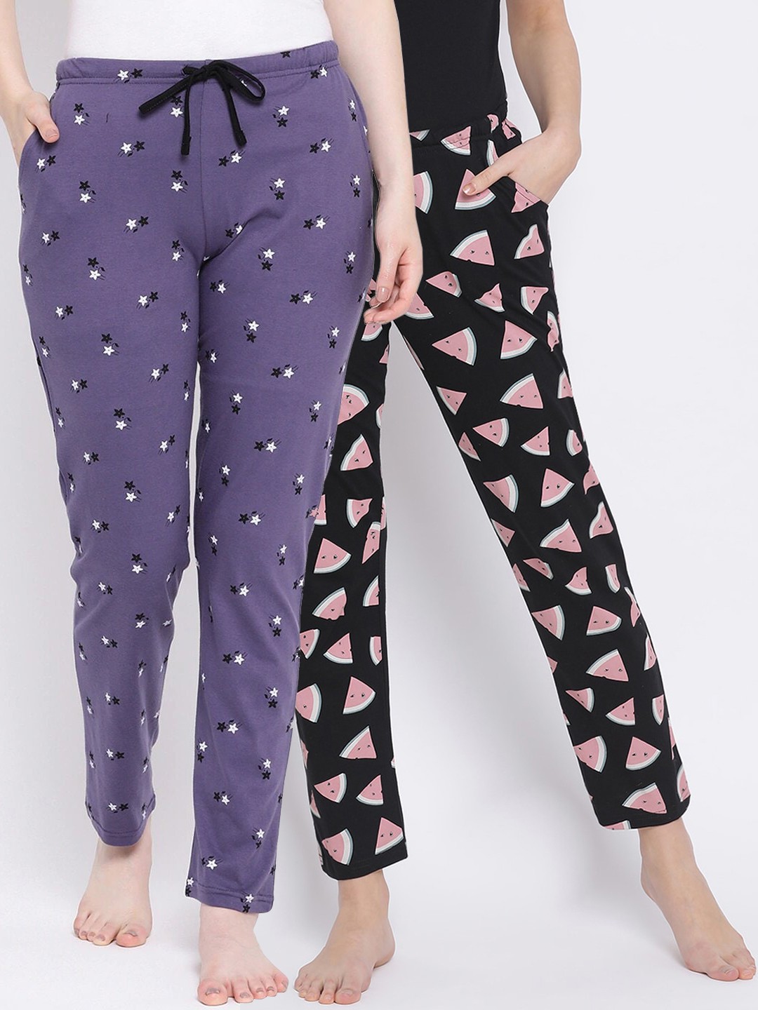 

Kanvin Women Pack of 2 Printed Pure Cotton Lounge Pants, Black