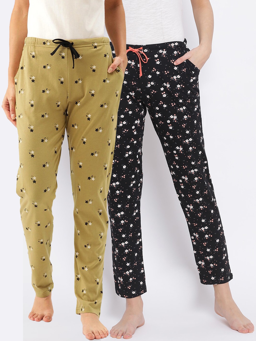 

Kanvin Women Pack of 2 Printed Pure Cotton Lounge Pants, Black