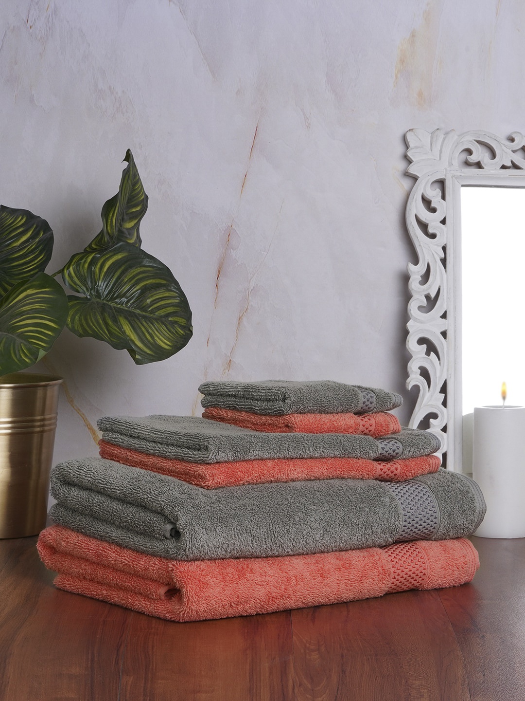 

SPACES Unisex Set of 6 Grey & Coral Orange Solid Cotton 600 GSM Towels