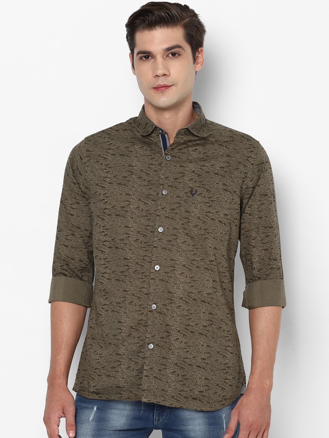 

Allen Solly Men Olive Green Pure Cotton Slim Fit Printed Casual Shirt