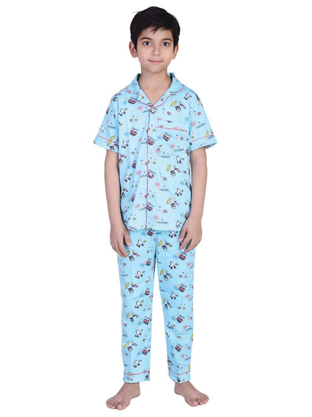 

Zoom Minimondo Unisex Kids Turquoise Blue & Yellow Printed Night suit